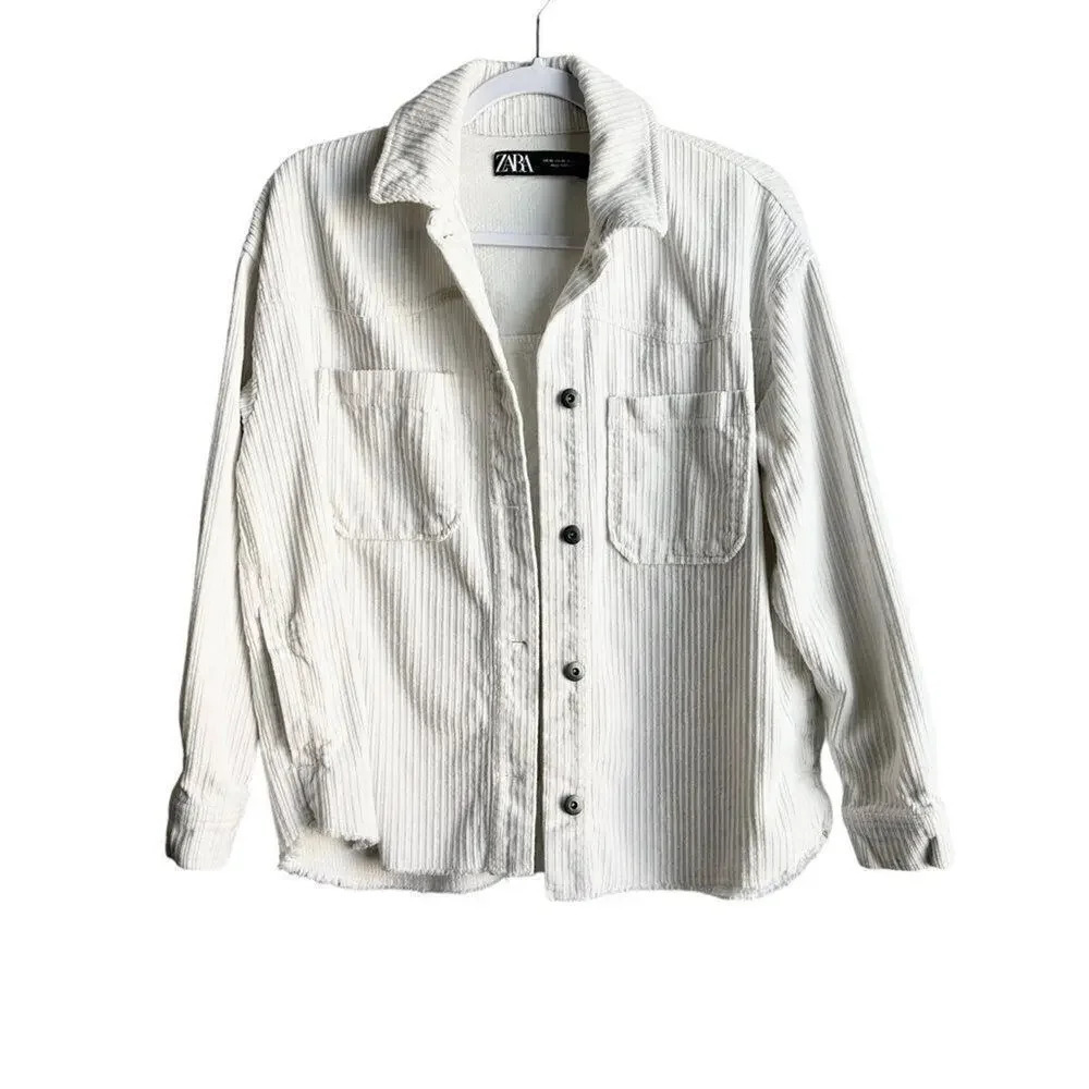 ZARA Button Front Long Sleeve Corduroy Shacket White XS Blogger Favorite